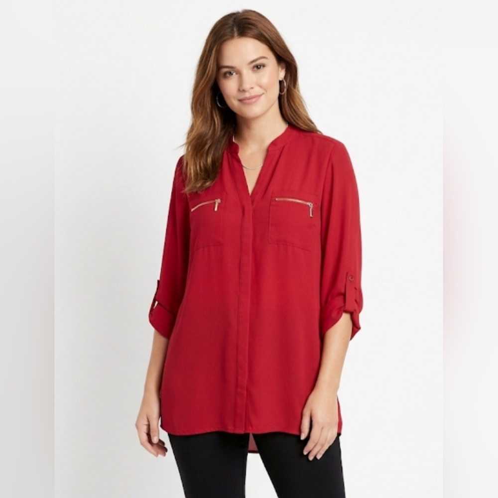 Charlotte Russe Red Roll-Tab Sleeve Blouse with Zipper Pockets - Size L